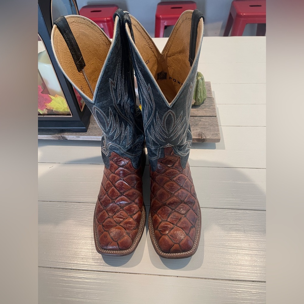 Anderson Bean Men’s Horse Power Cognac Fish Print Wide Square Toe Cowboy Boots